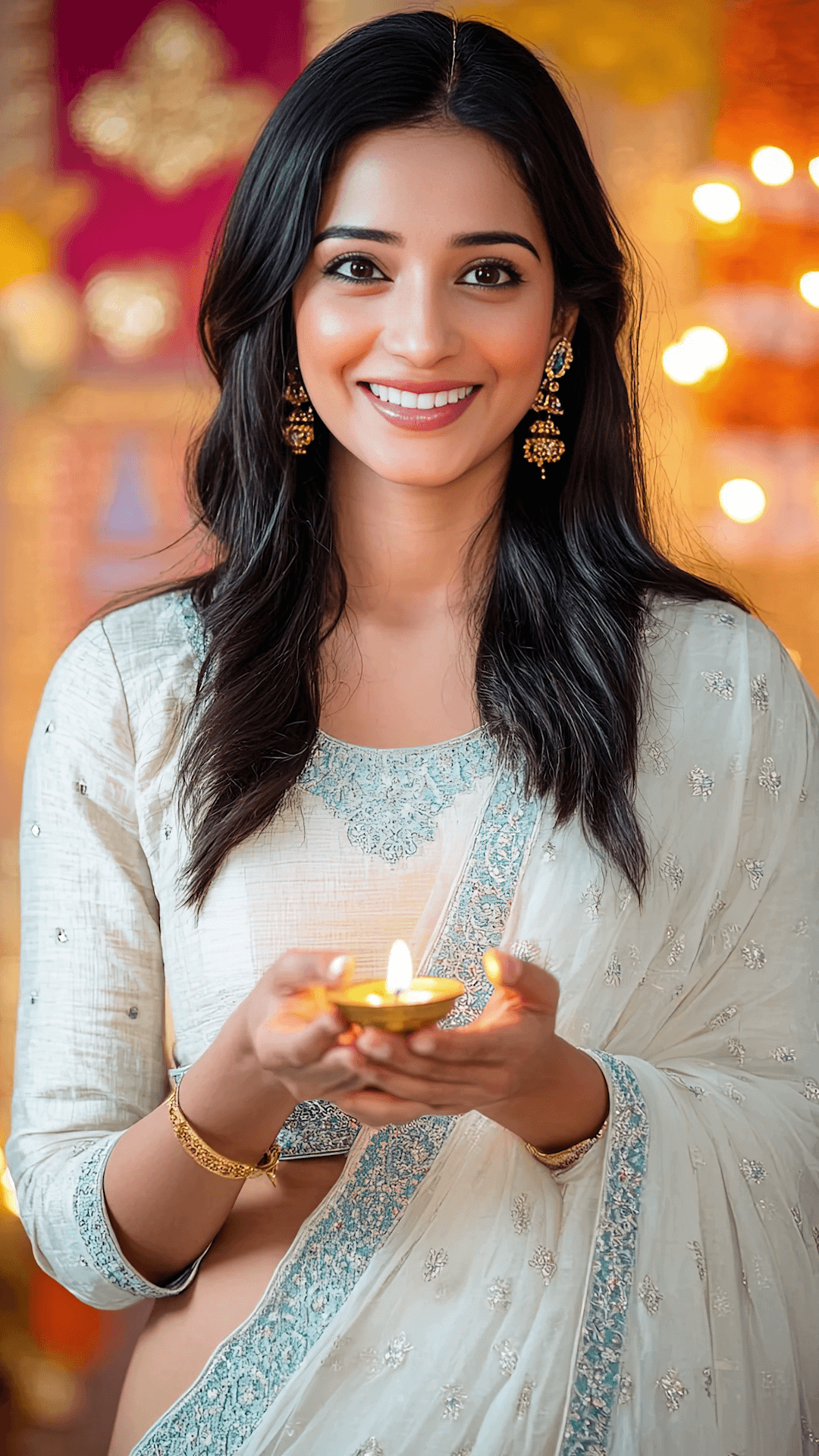 A smiling young Indian woman in traditional white ethnic wear holding a lit diya candle, celebrating Diwali.