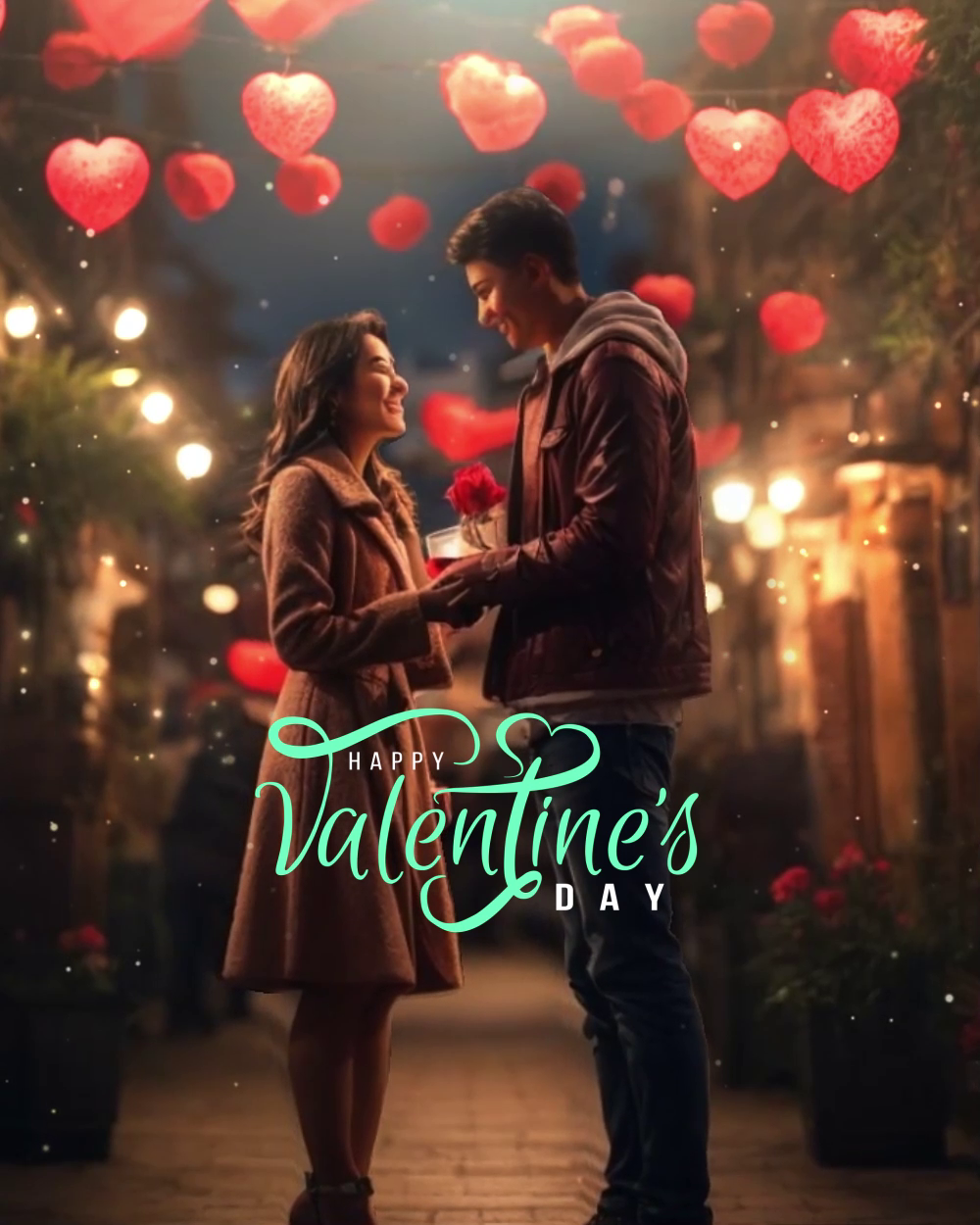 A romantic couple standing outdoors at night under glowing heart-shaped lanterns for Valentine's Day