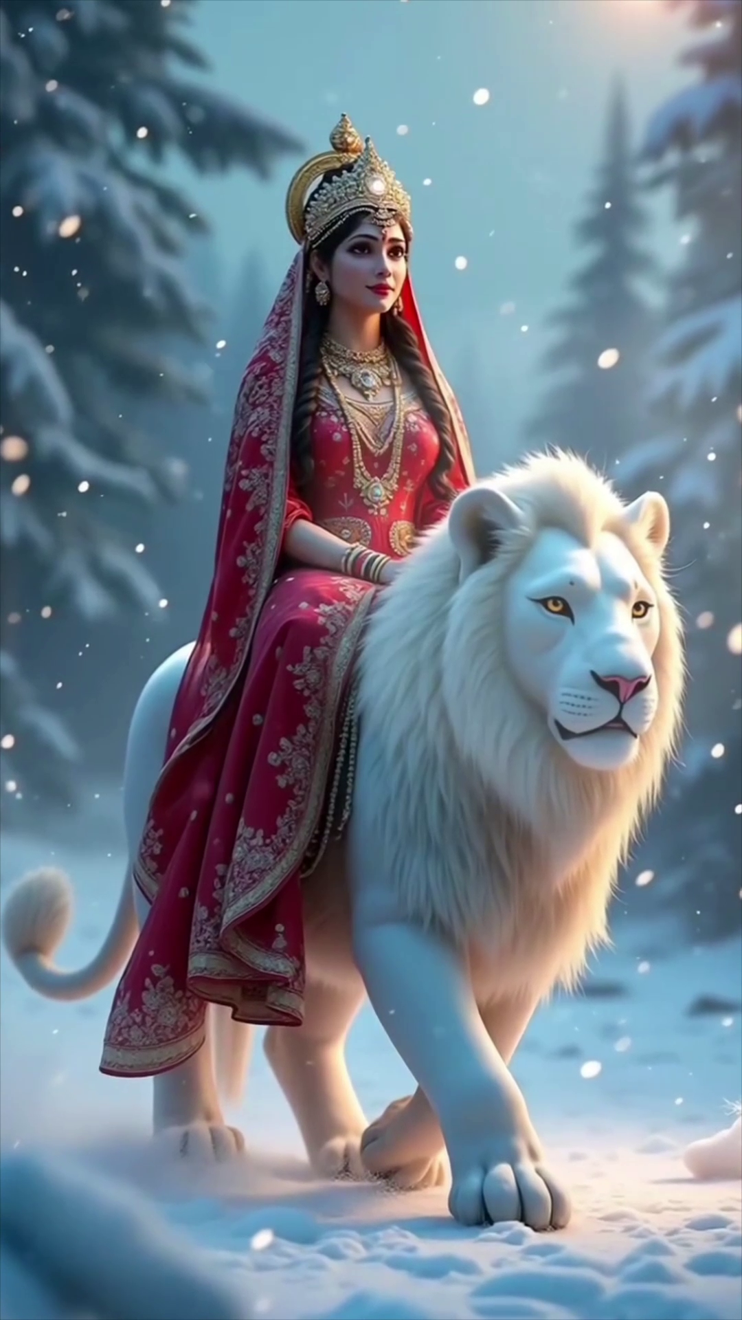 A regal woman dressed as Goddess Durga in a red saree riding a majestic white lion through a snowy forest.