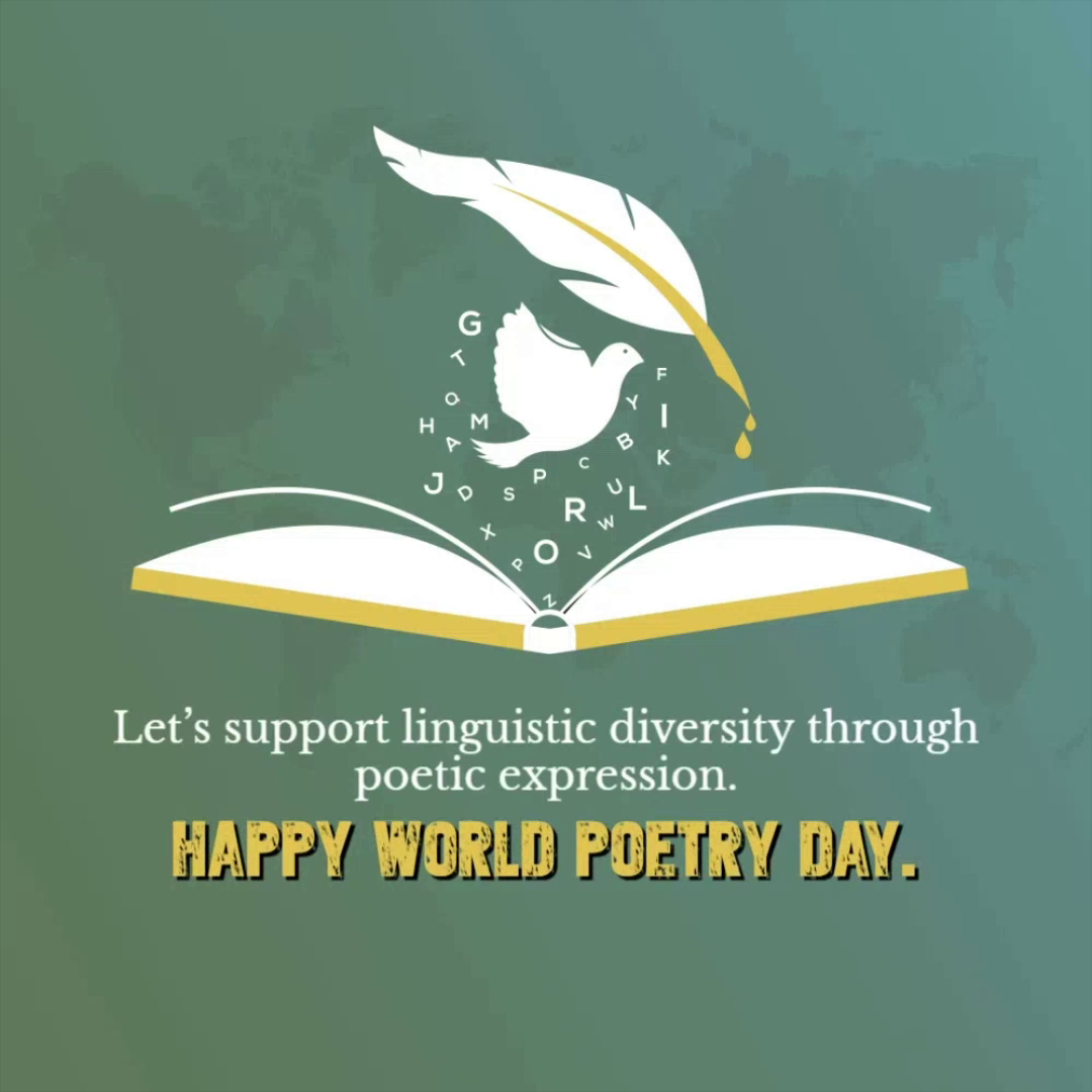 A creative illustration for World Poetry Day featuring an open book, a white dove, and a quill pen on a green background.
