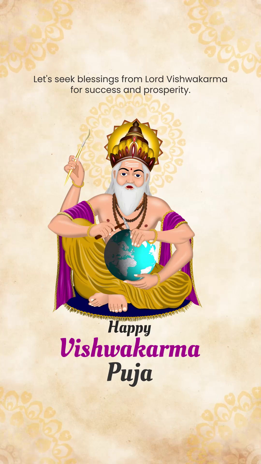 Lord Vishwakarma holding a globe and tools for Vishwakarma Puja festival