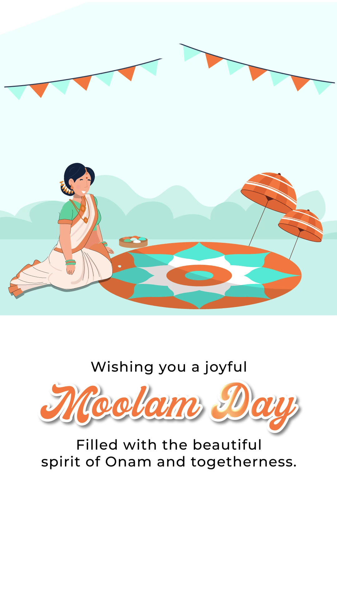 A woman in traditional attire creating a floral pookalam for Onam festival on Moolam Day.