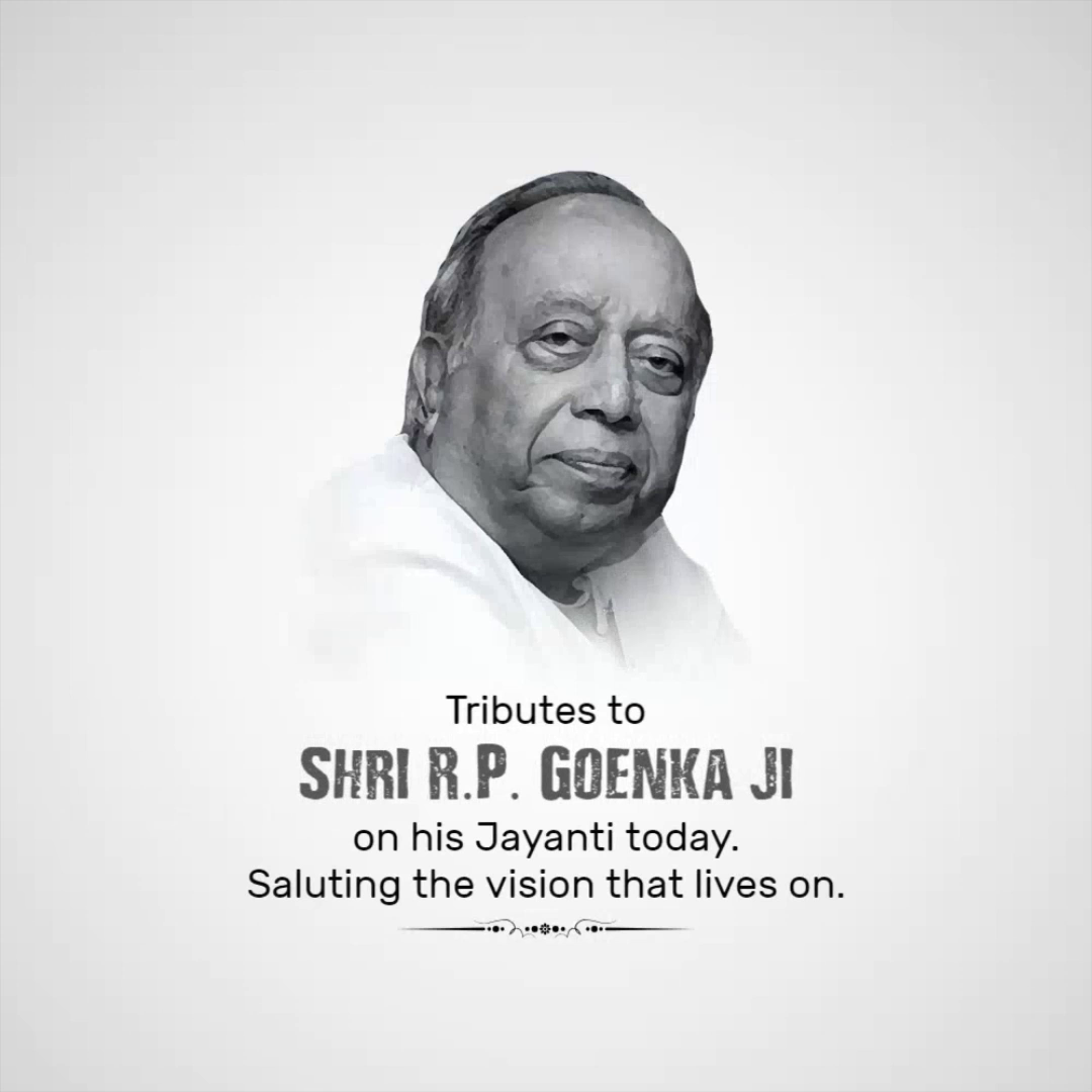 A commemorative tribute poster featuring a portrait of Shri R.P. Goenka Ji