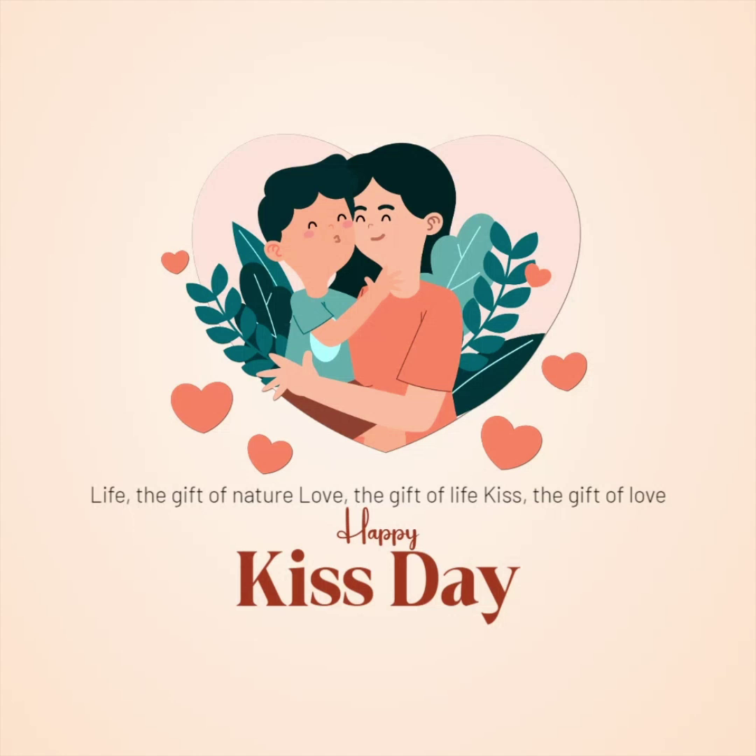 A mother and child sharing an affectionate moment with hearts surrounding them, symbolizing Kiss Day.