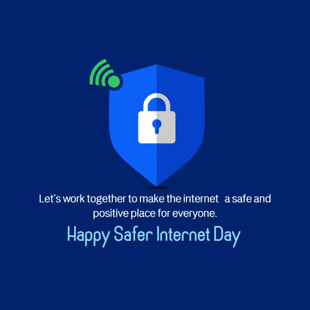 A graphic for Safer Internet Day featuring a digital shield with a padlock and wifi icon on a dark blue background.