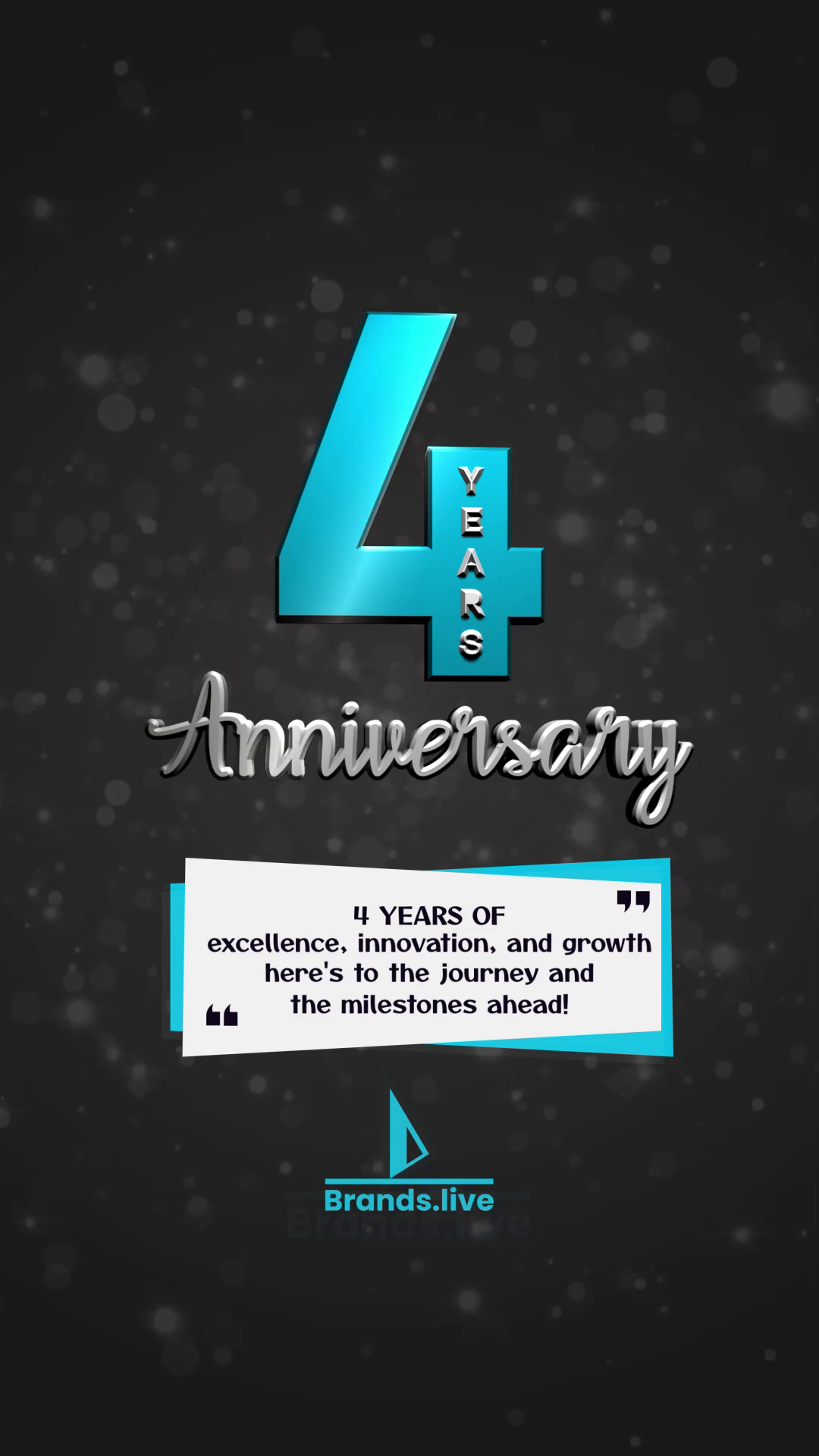 A creative 4th-anniversary graphic featuring a large teal number 4 and the word Anniversary, set against a dark, bokeh-effect background.