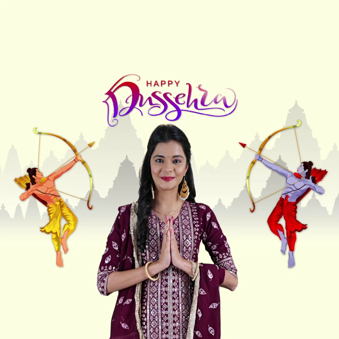A woman in ethnic attire greeting with folded hands, with depictions of Lord Rama and Dussehra text.