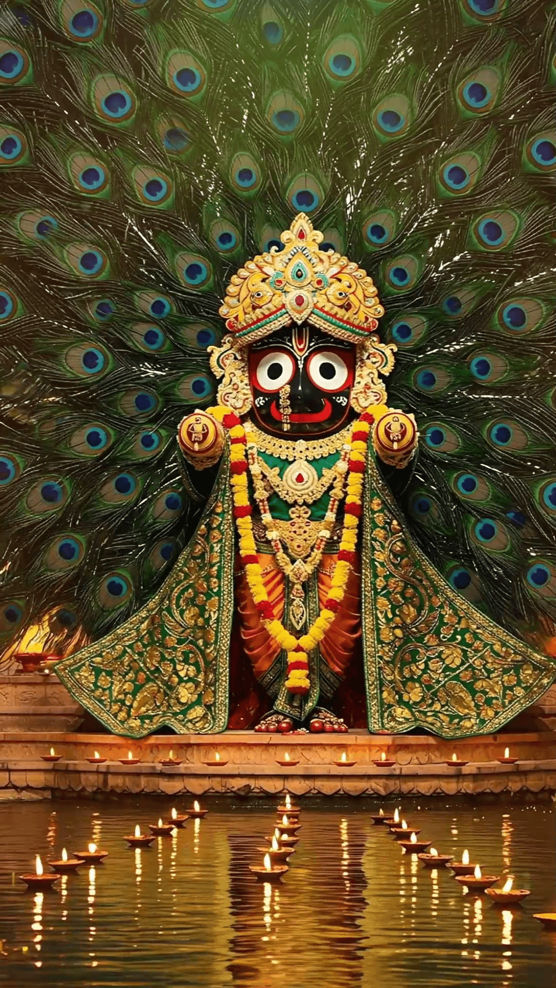 A beautiful depiction of Lord Jagannath adorned with peacock feathers, traditional attire, and glowing diyas in the foreground.
