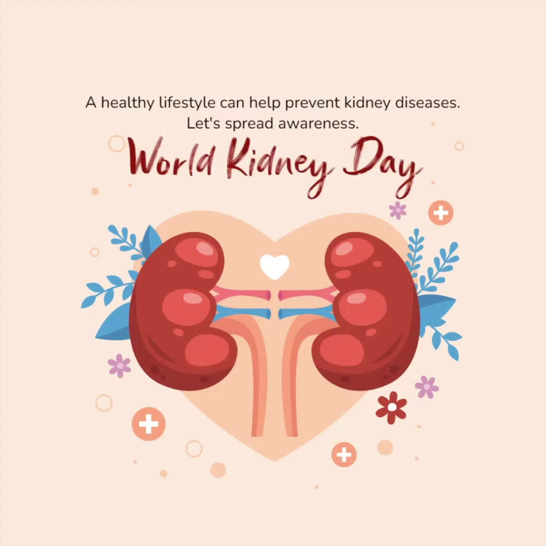 A creative illustration for World Kidney Day featuring a healthy kidney graphic and awareness message on a soft peach background.