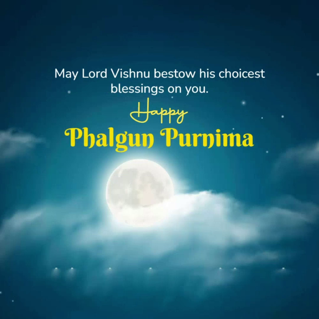 A moonlit night sky with clouds and text wishing a happy Phalgun Purnima, invoking Lord Vishnu's blessings.