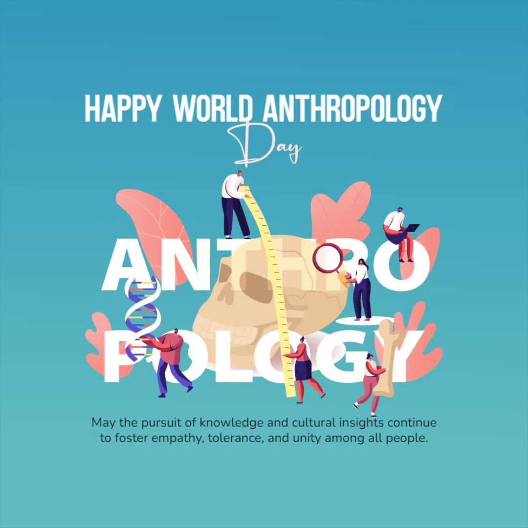 A celebratory graphic for World Anthropology Day featuring researchers studying a skull, DNA, and cultural artifacts with the text Happy World Anthropology Day.