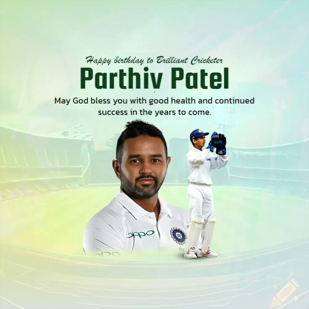 Parthiv Patel cricket birthday poster with portrait and action shot
