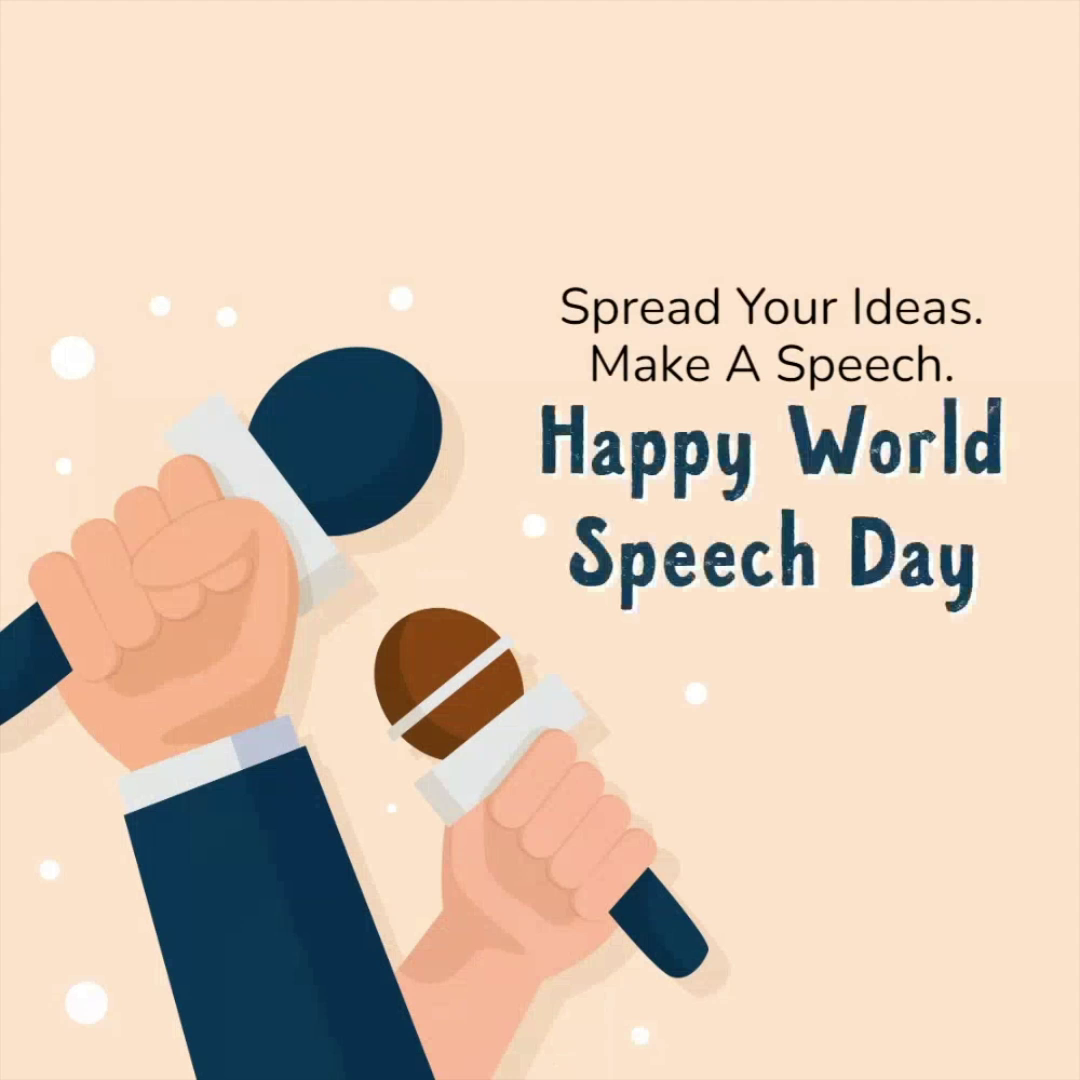 Graphic illustration of hands holding microphones with text celebrating World Speech Day