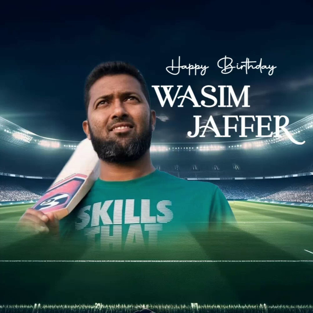 Wasim Jaffer birthday graphic with cricket stadium background