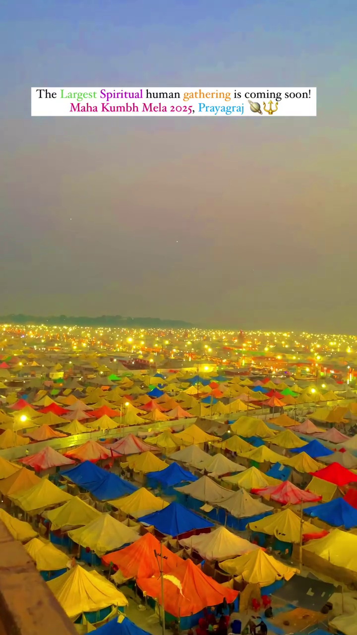 Aerial view of colorful tent city at night during the upcoming Maha Kumbh Mela 2025 in Prayagraj