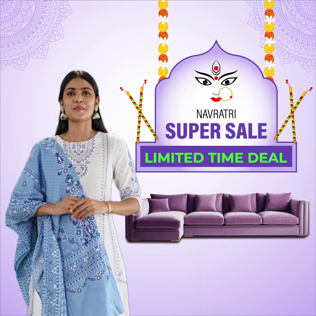 A woman standing next to a promotional graphic for a Navratri super sale featuring a purple sofa