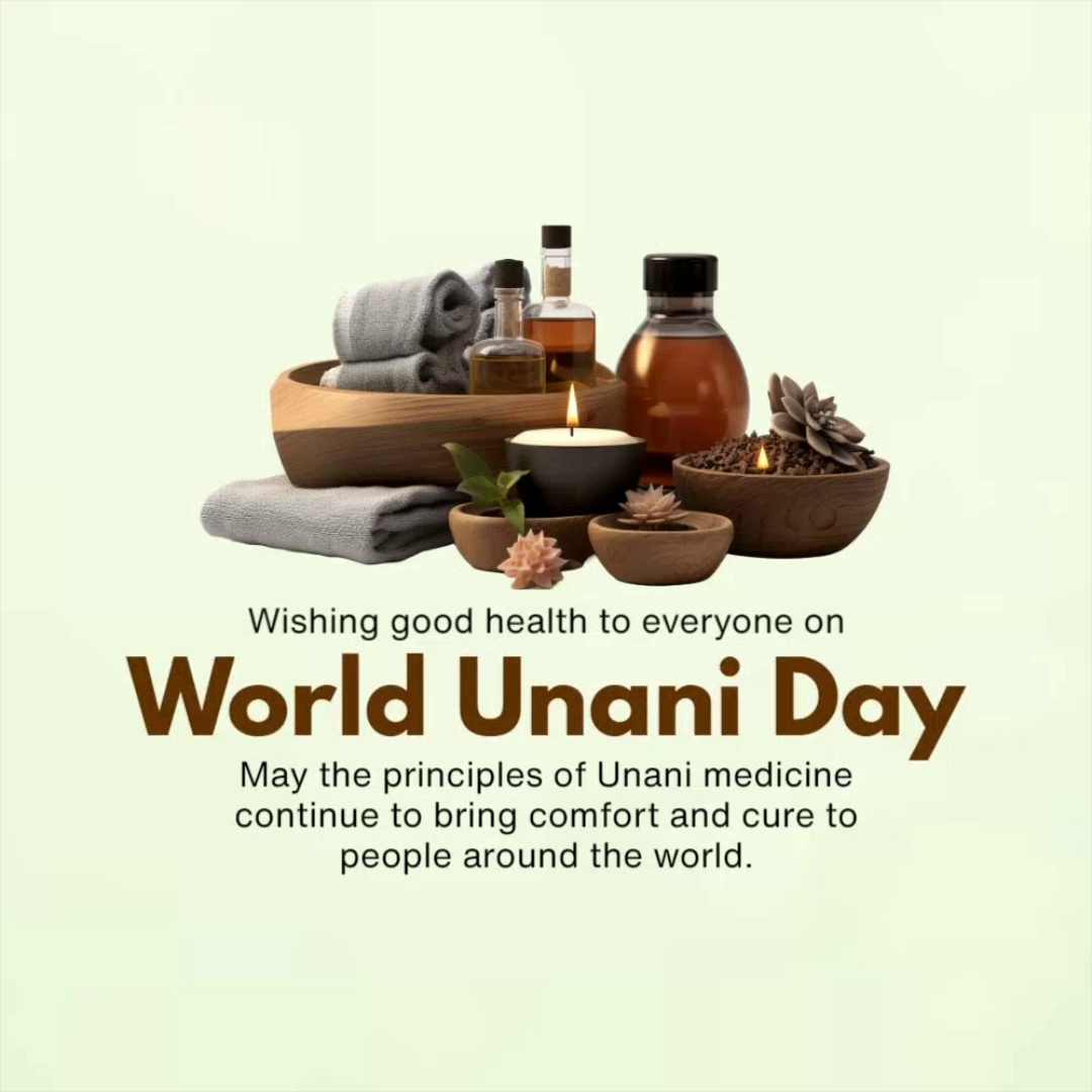 A celebratory graphic for World Unani Day featuring therapeutic massage oils, candles, and towels.