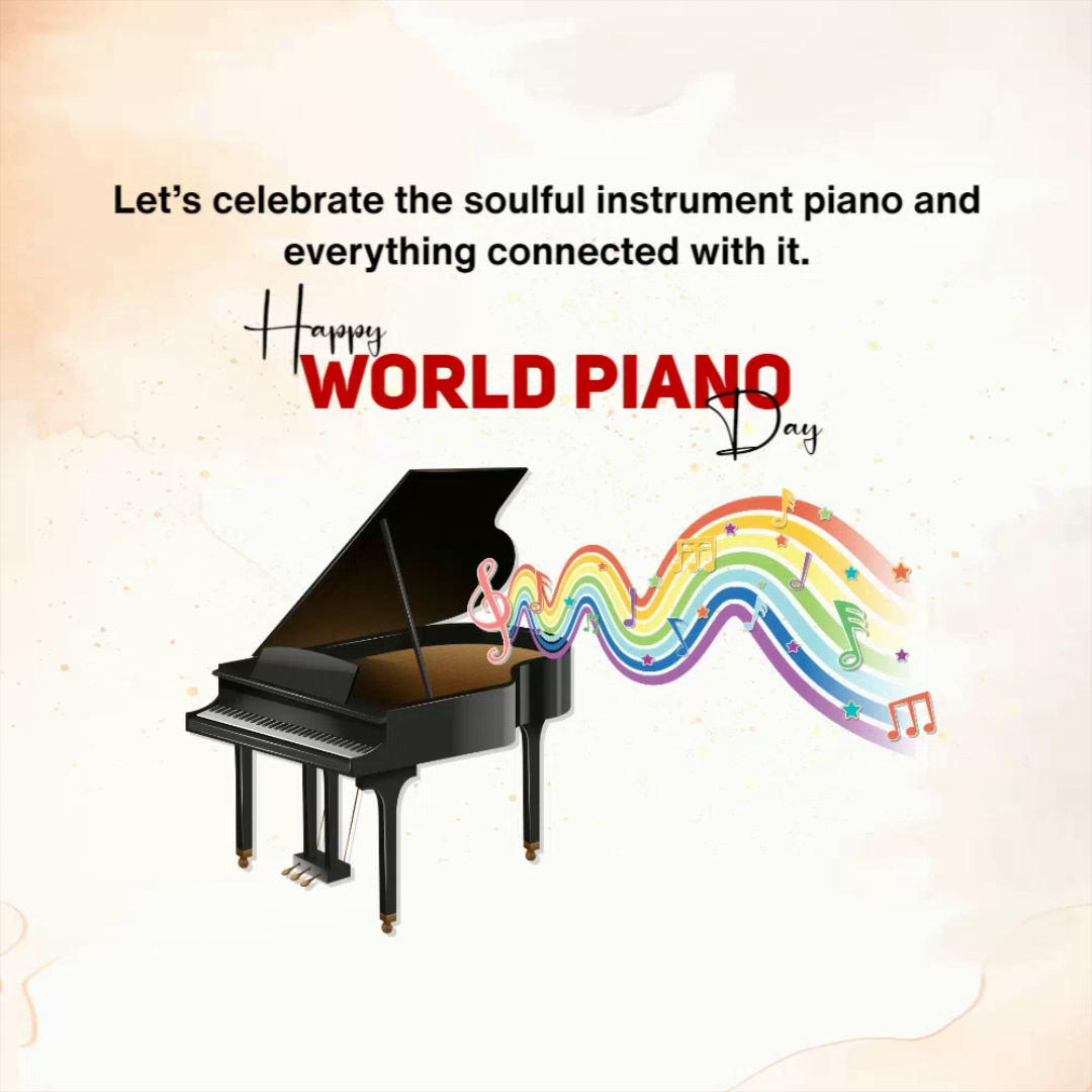 Black grand piano with rainbow musical notes celebrating World Piano Day