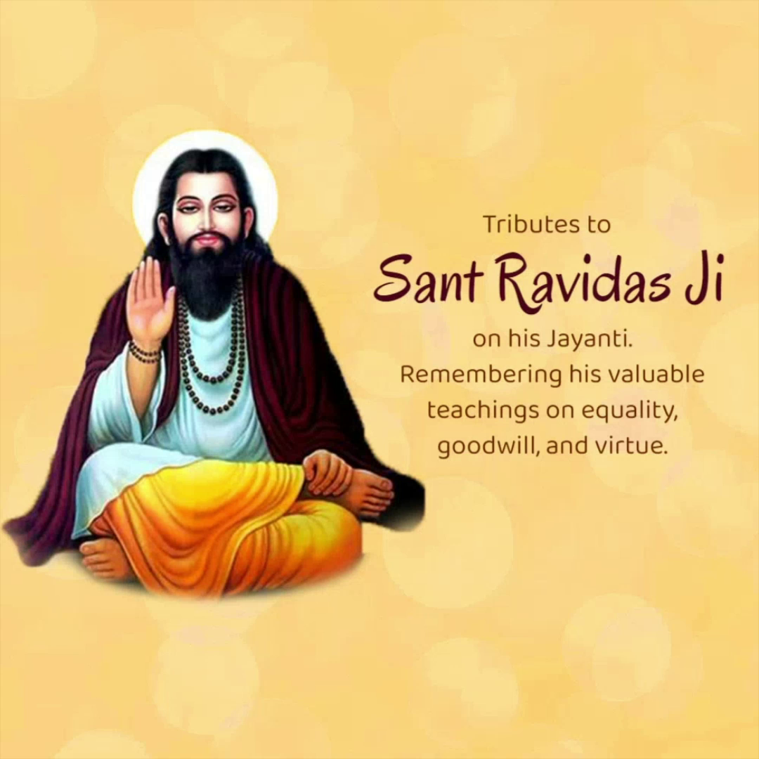 A tribute illustration honoring Sant Ravidas Ji on his Jayanti, featuring him in traditional attire with a serene expression.