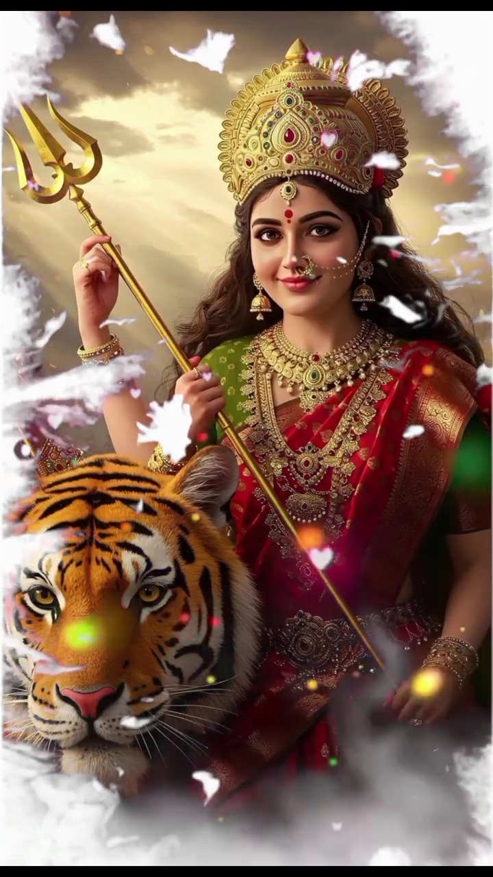 A beautiful representation of Goddess Durga adorned in traditional red and green saree and gold jewelry, holding a trident while seated beside a tiger.