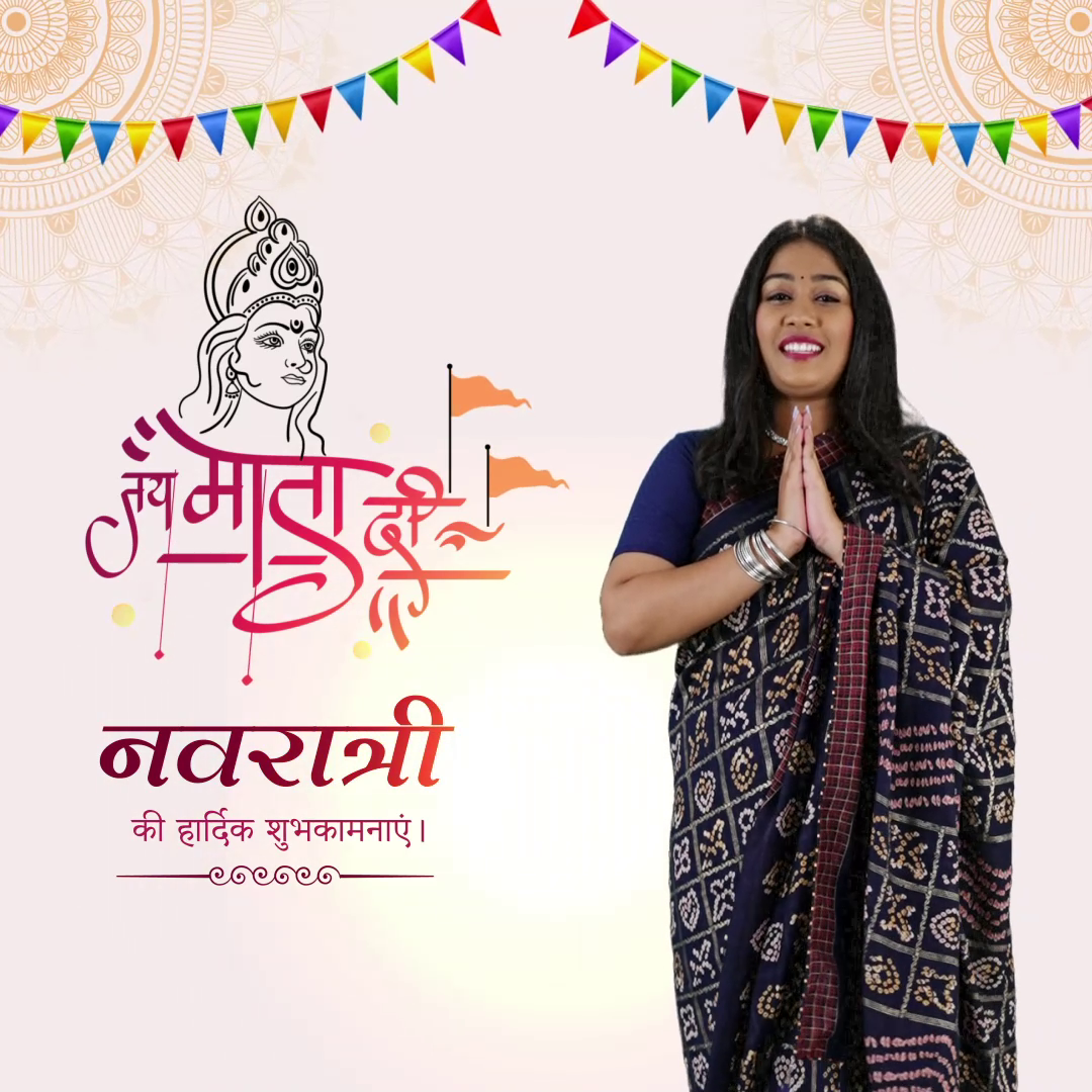 A woman in traditional attire greeting with folded hands for Navratri with Goddess Durga illustration