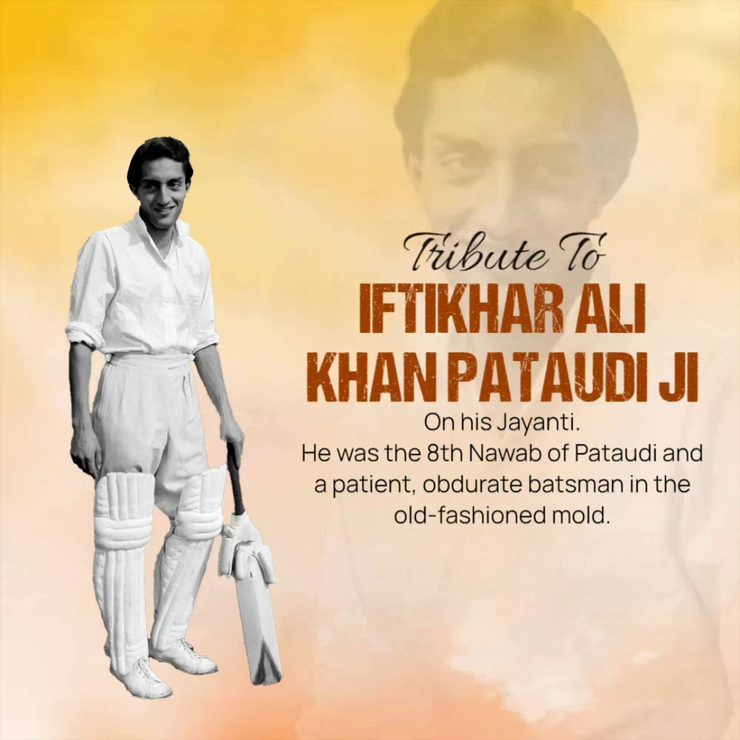 Black and white photo of Iftikhar Ali Khan Pataudi in cricket uniform on a yellow background