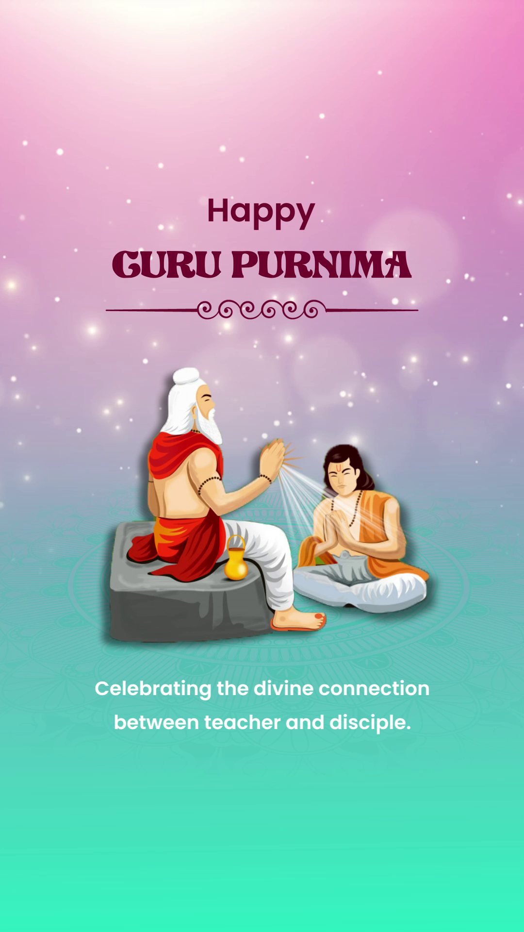 A spiritual illustration of a guru blessing a disciple, representing the Guru Purnima festival.