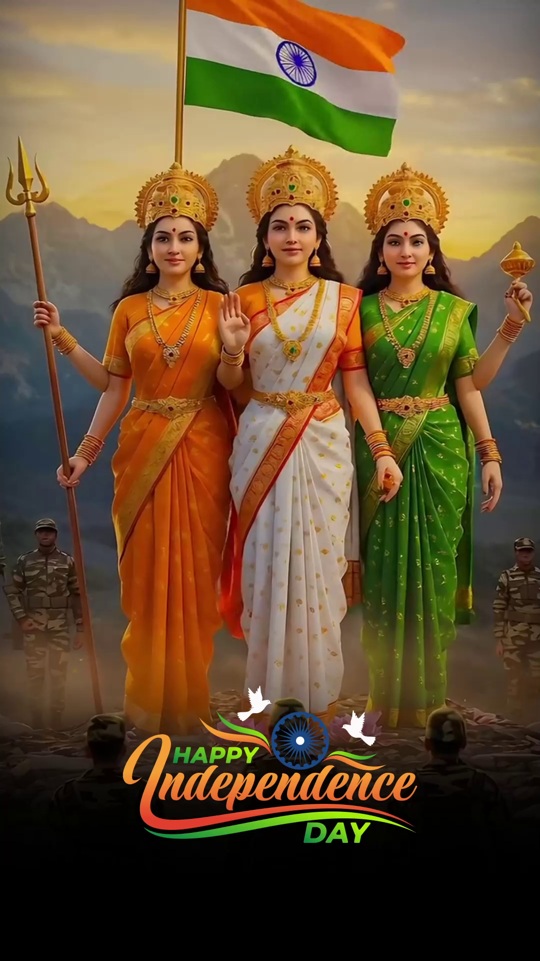 Three women dressed in Indian tricolor sarees representing Bharat Mata, holding the Indian flag with soldiers standing in the background.