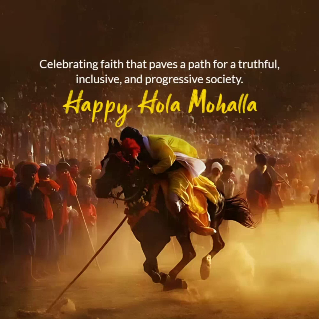 A Nihang Sikh warrior riding a horse during the Hola Mohalla festival with a crowd in the background.