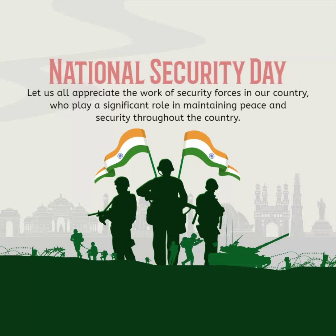 Indian soldiers in silhouette against national landmarks celebrating National Security Day