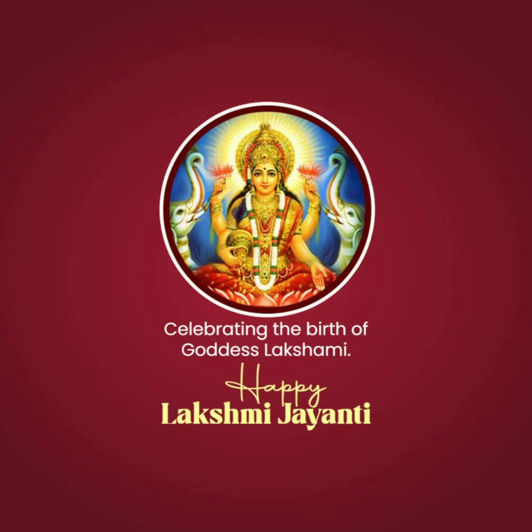 Goddess Lakshmi surrounded by two elephants in a circular frame against a deep red background for Lakshmi Jayanti celebration