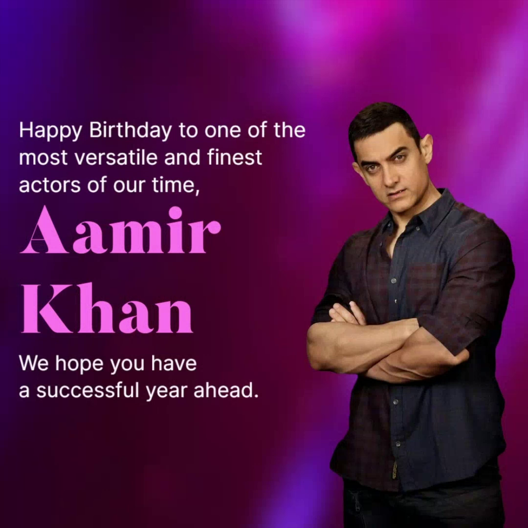 Aamir Khan wishing birthday message graphic with dark purple background