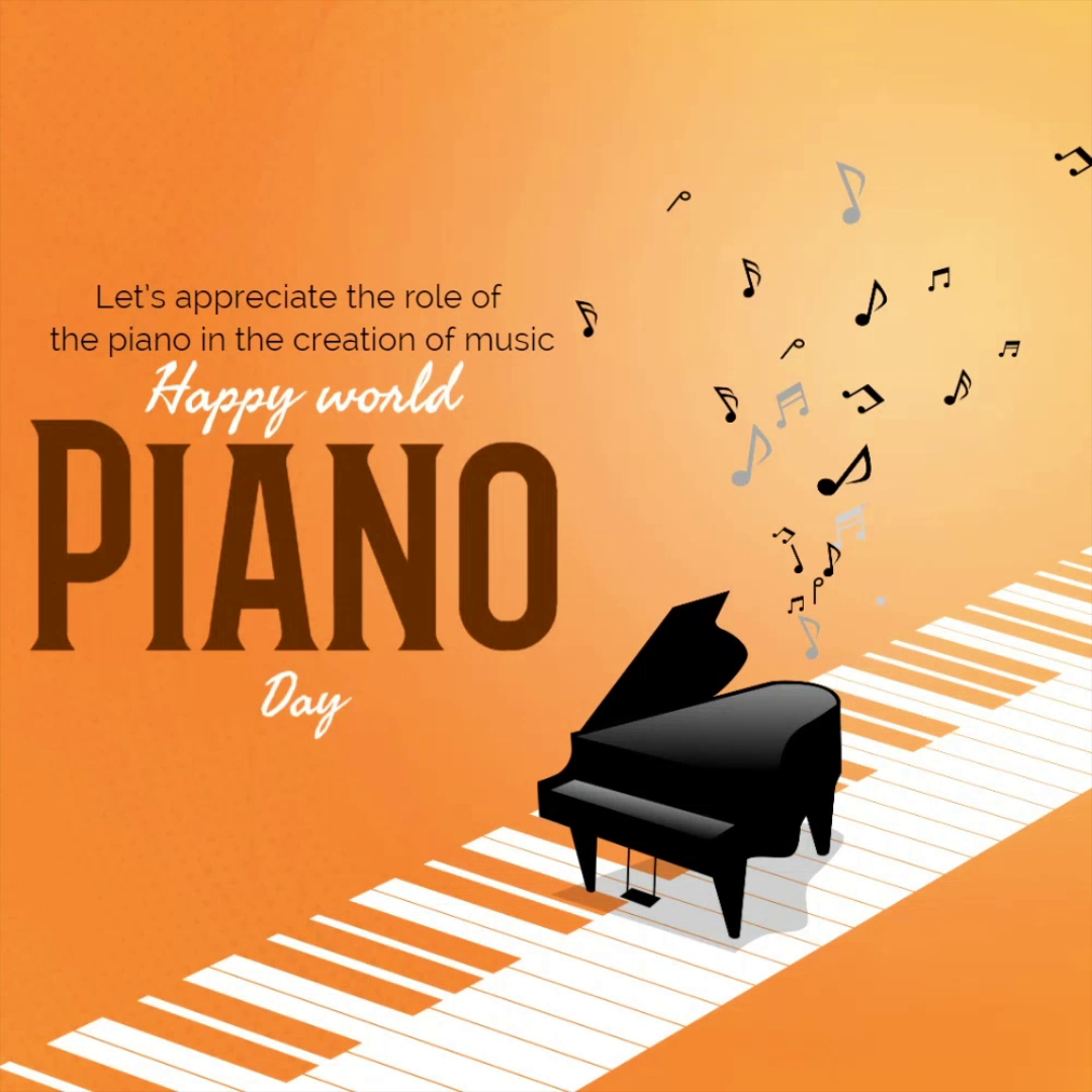 A celebratory graphic for World Piano Day featuring a grand piano and musical notes on an orange background.
