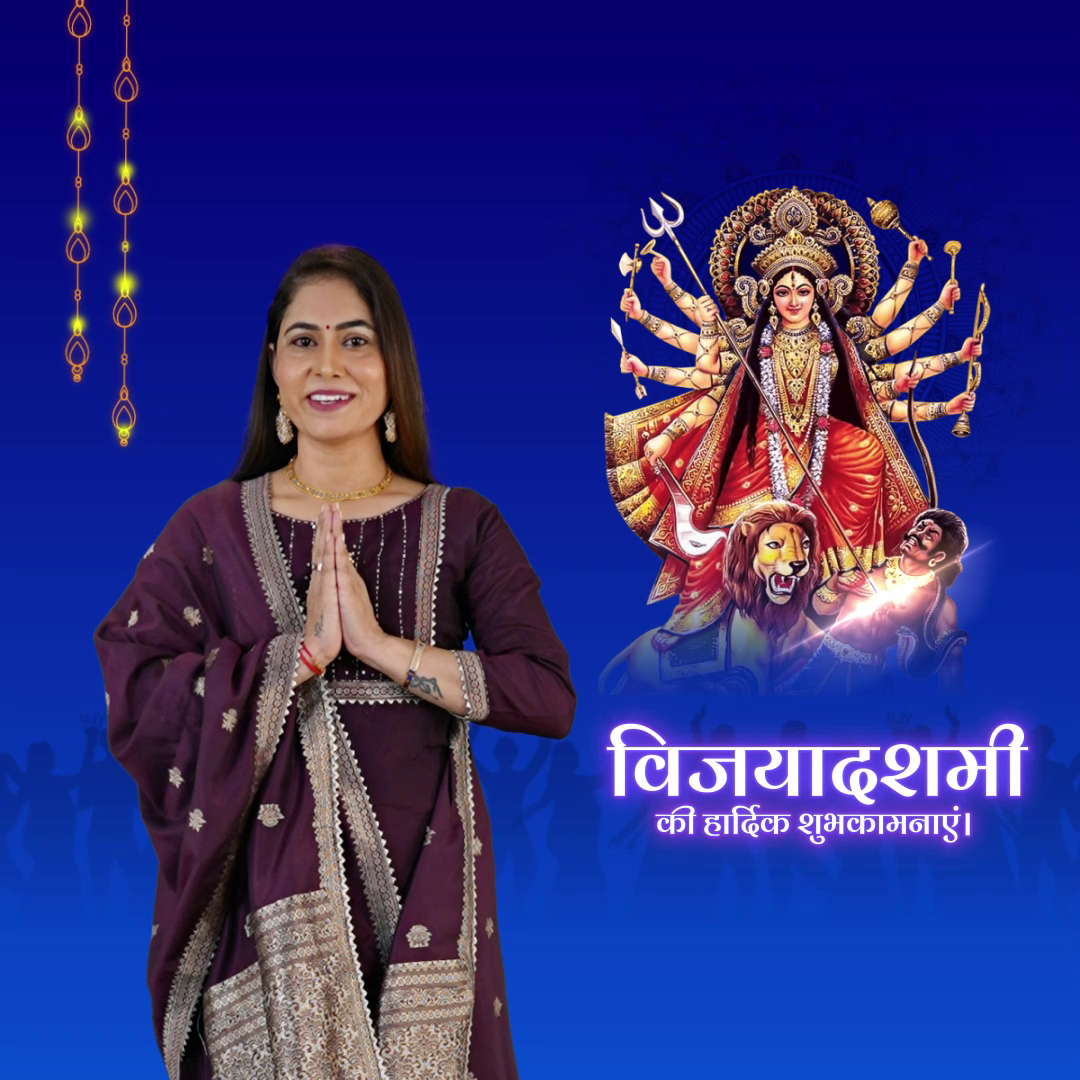 A woman in traditional attire greeting with folded hands next to Goddess Durga for Vijayadashami