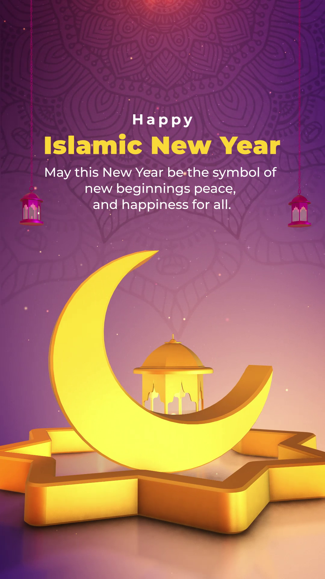 A golden crescent moon and lantern decoration against a purple mandala background for Islamic New Year greeting