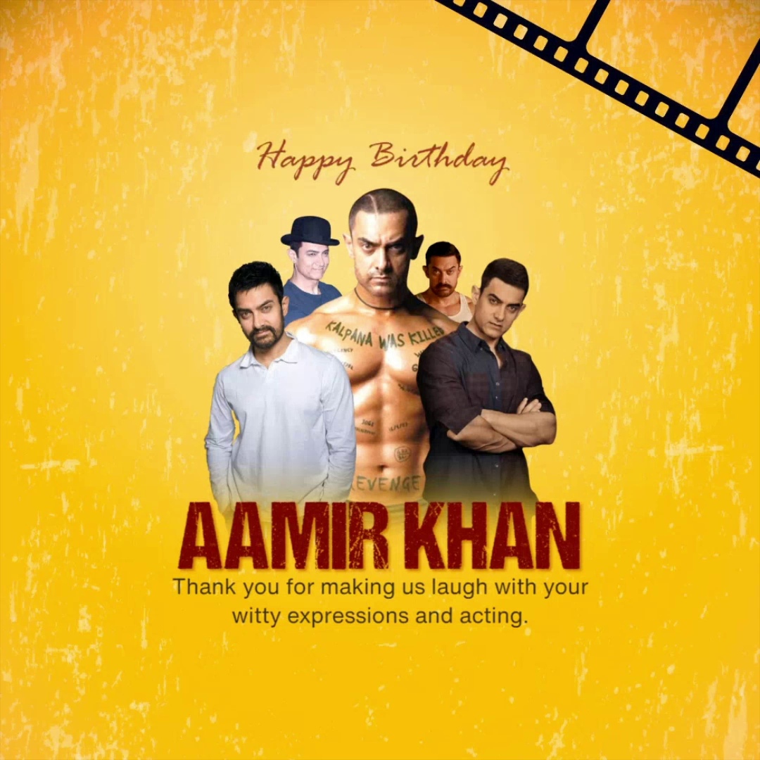 A creative birthday tribute graphic featuring various iconic roles played by Indian actor Aamir Khan against a textured yellow background.