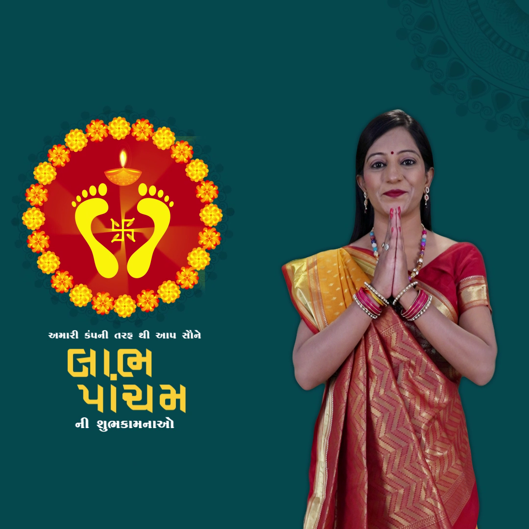 A woman in a traditional Indian saree greeting with folded hands next to Labh Pancham festive graphics