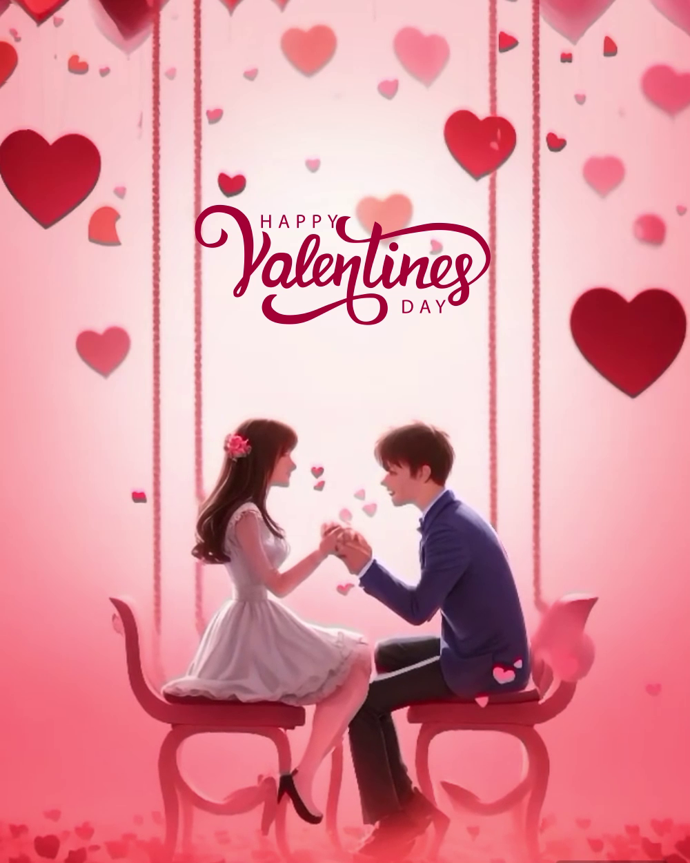 A couple sitting on pink chairs holding hands against a romantic background filled with floating red hearts for Valentine's Day
