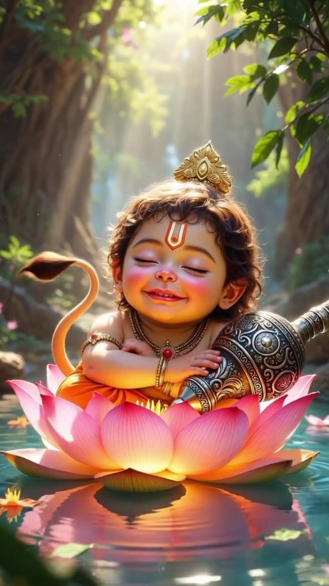 A cute illustration of baby Hanuman sitting on a blooming lotus flower holding a golden mace in a serene forest setting.