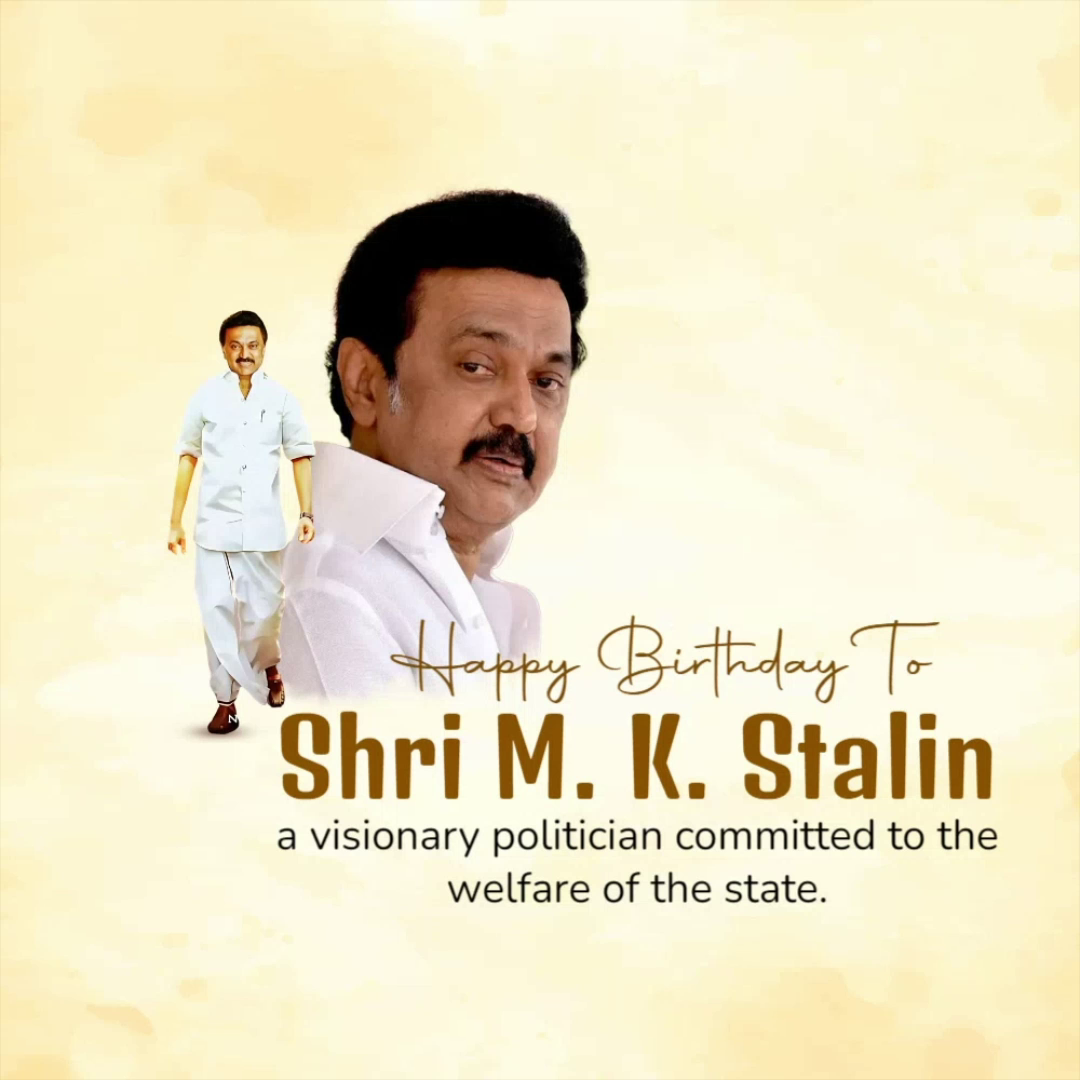 A celebratory birthday graphic for M. K. Stalin featuring his portrait and a congratulatory message.