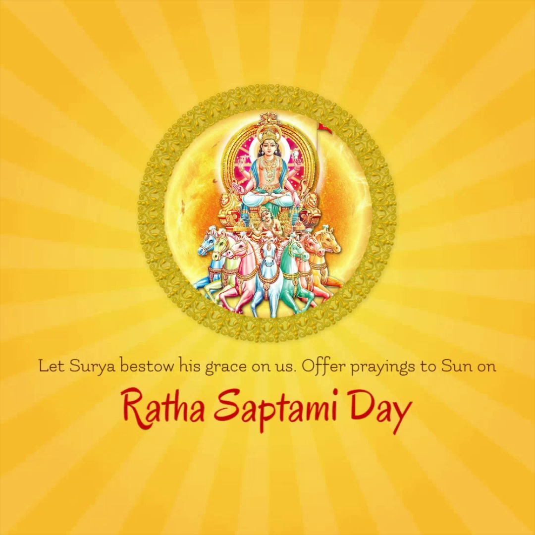 Lord Surya riding a chariot with seven horses, celebration of Ratha Saptami festival