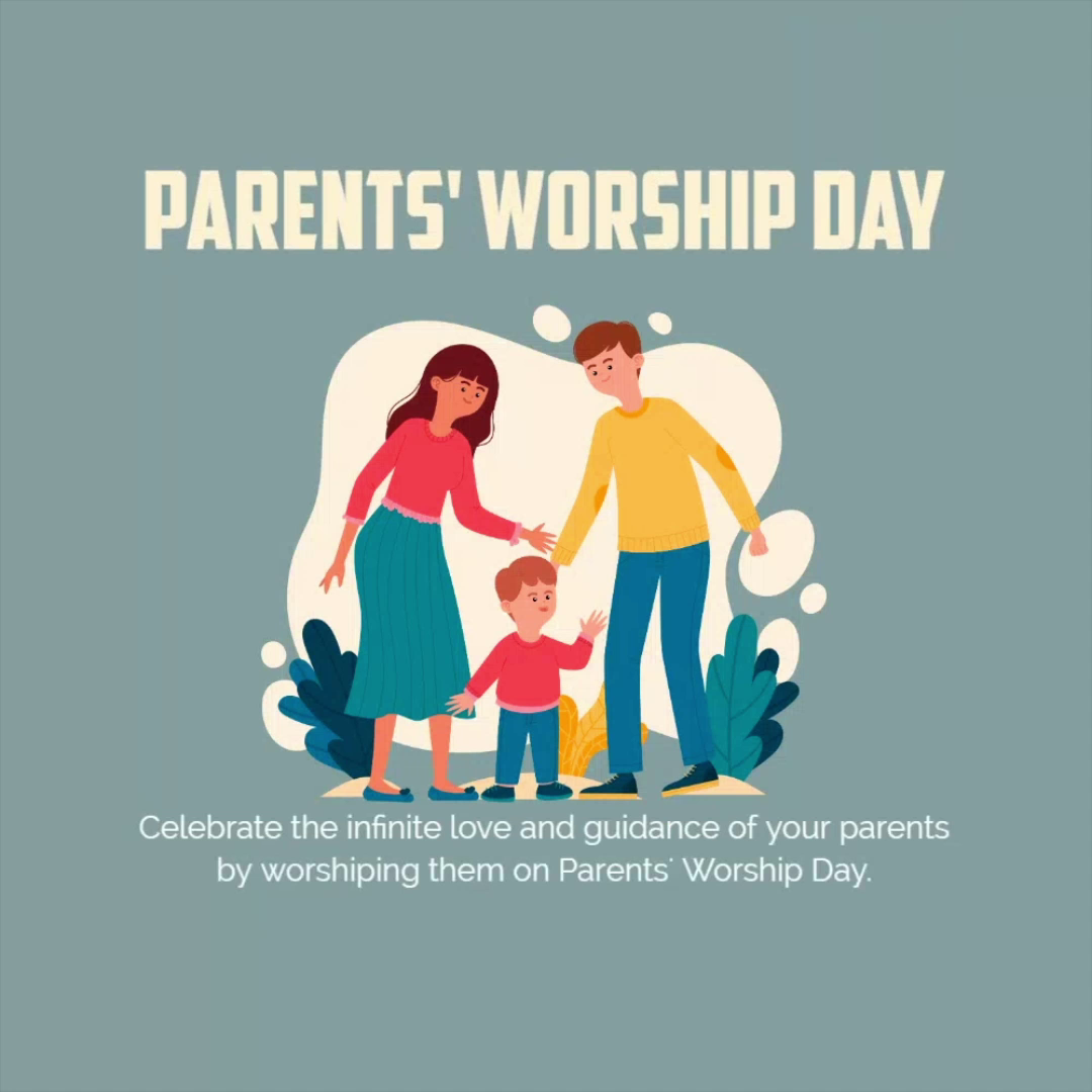 A family illustration celebrating Parents' Worship Day with a mother, father, and child.