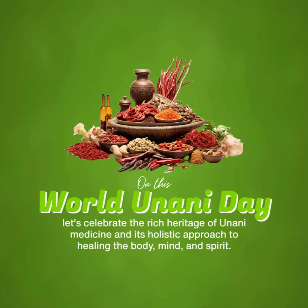 Various Unani medicine herbs and spices arranged for World Unani Day celebration