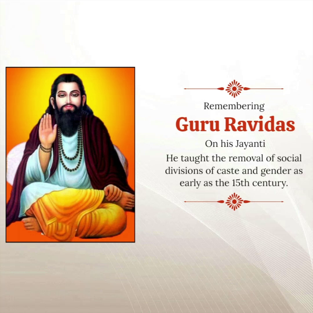 An illustration of Guru Ravidas with text remembering him on his Jayanti and his teachings on social equality.
