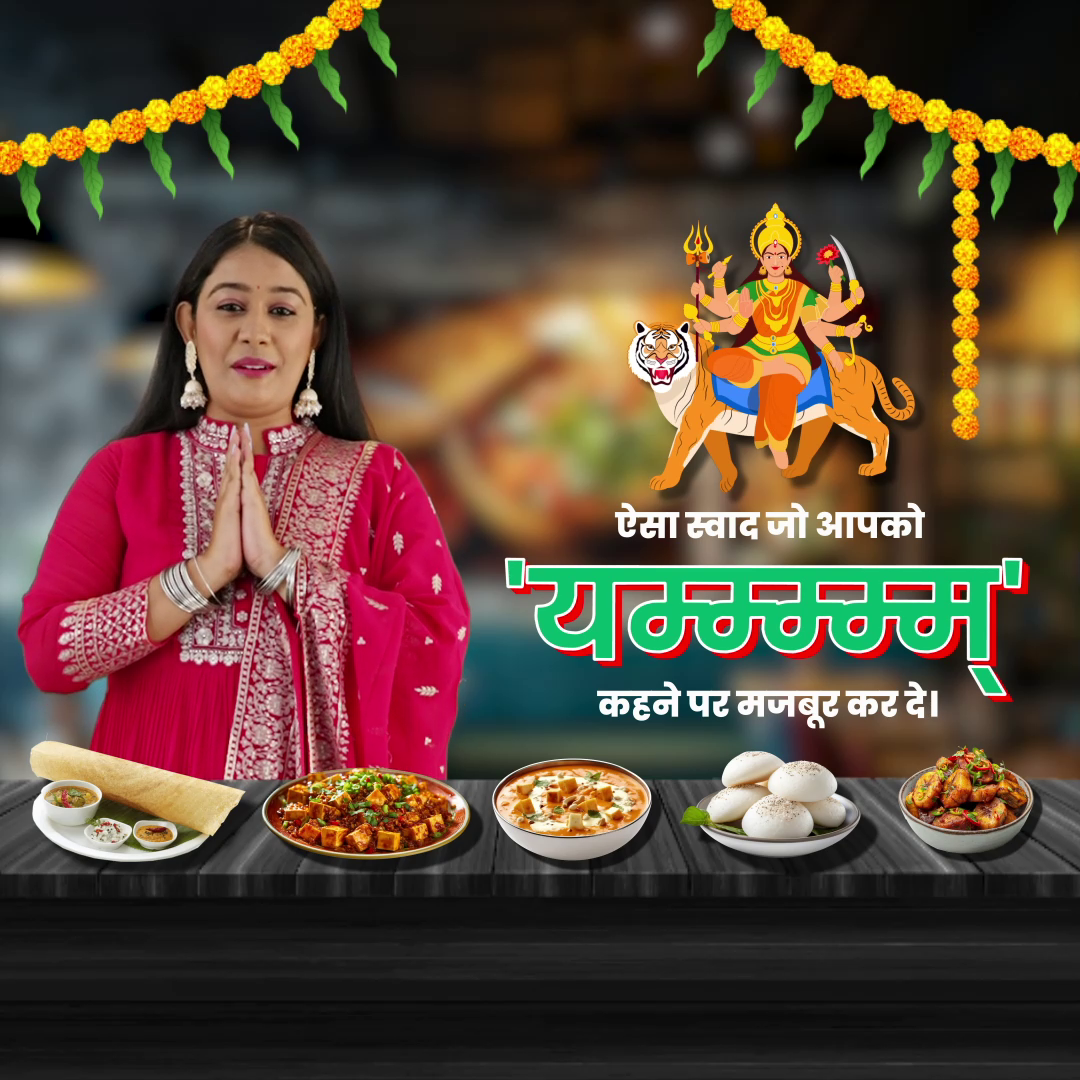 A woman in traditional pink attire greeting customers with a food spread for Navratri