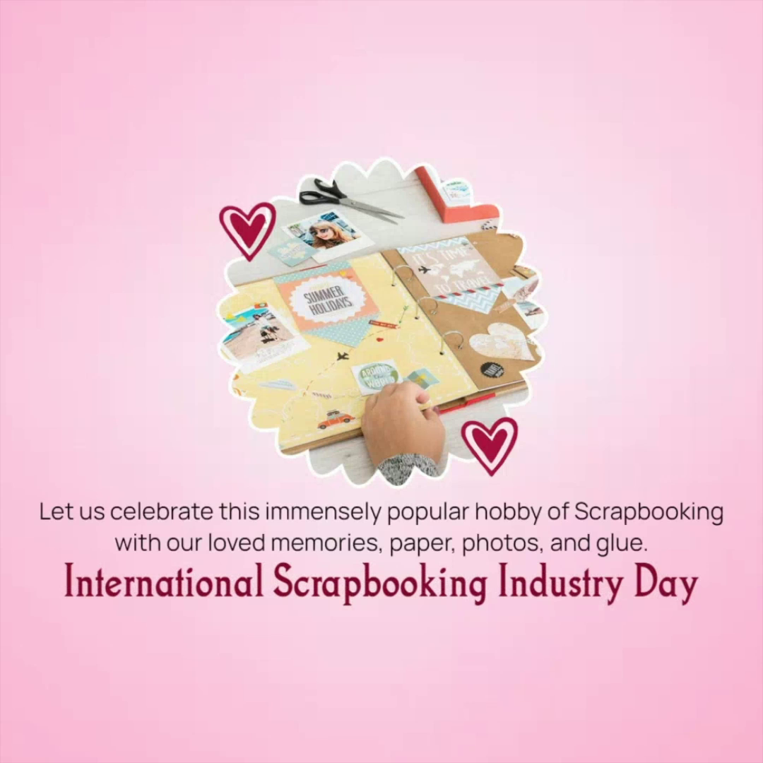 A person working on a travel-themed scrapbook for International Scrapbooking Industry Day on a pink background.