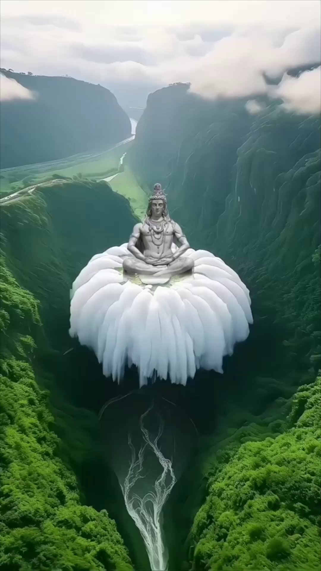 Lord Shiva statue sitting in deep meditation on a large white cloud amidst lush green mountain valleys