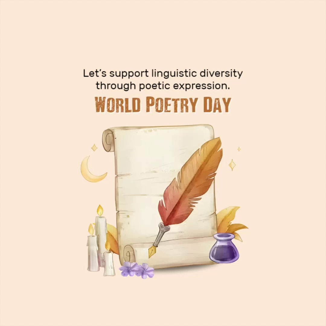An artistic illustration featuring a parchment scroll, a quill pen, candles, and an inkwell for World Poetry Day