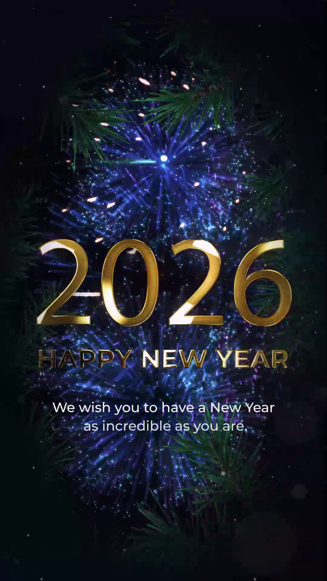 Gold 2026 text with blue fireworks and pine branches background for New Year greeting