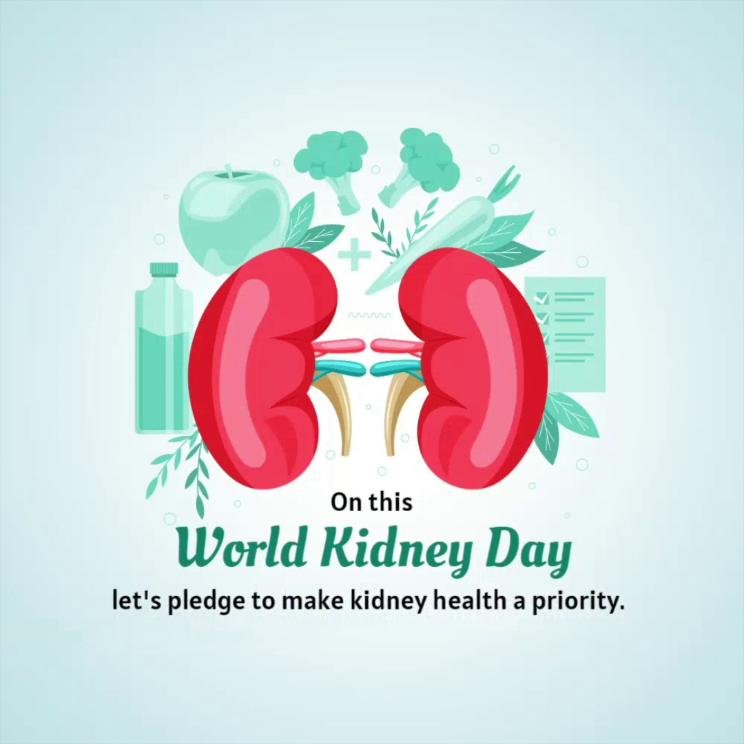 An illustration promoting World Kidney Day with healthy food icons and a pledge for kidney health.